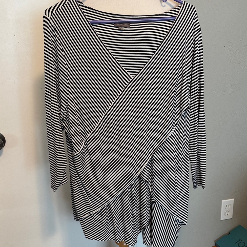 Vince Camuto black-and-white striped V-neck net top